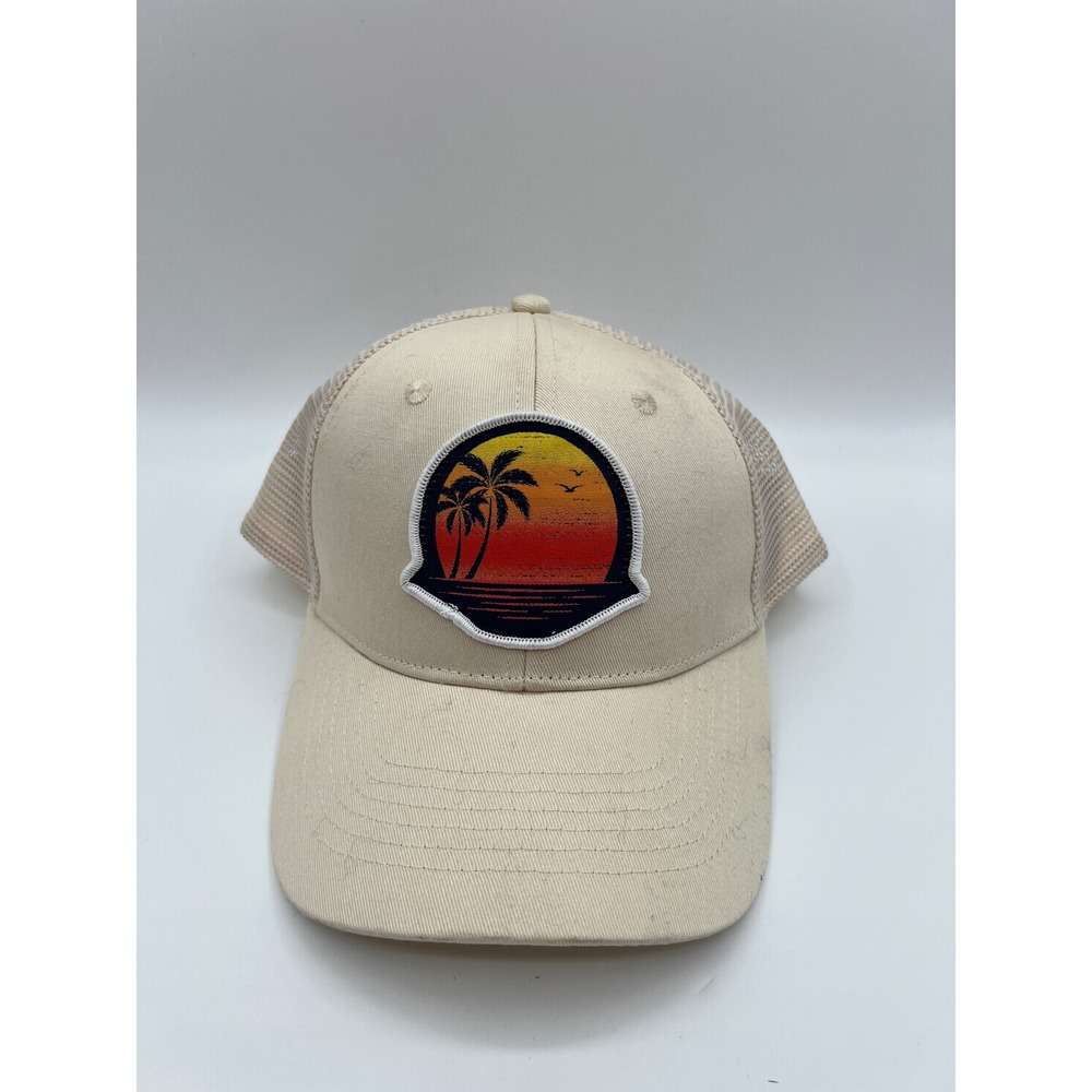 The Easy Life Mens Trucker Hat Beige Cream Sunset Palm Tree Patch Snapback Cap